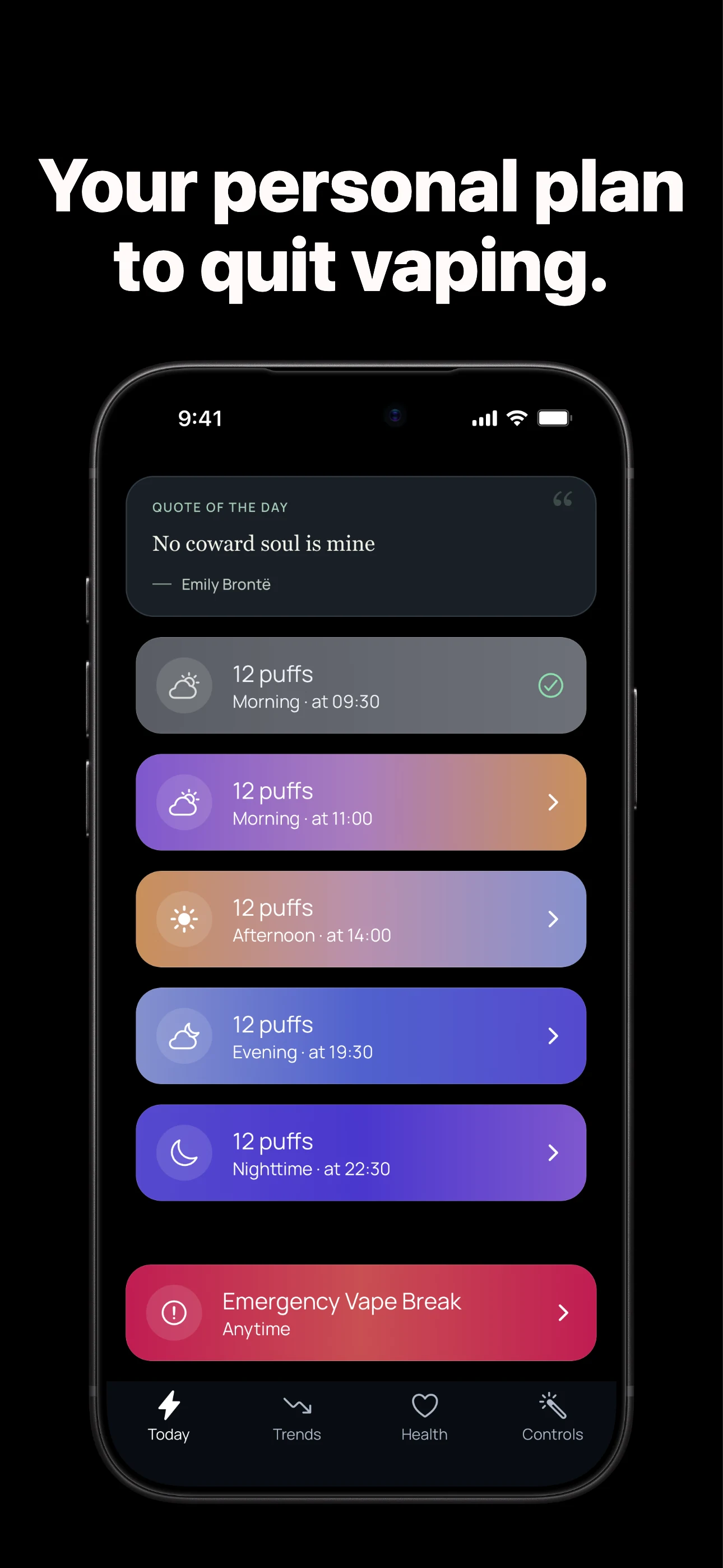 Vape Break start screen: a daily list of morning, afternoon, evening and nighttime vape breaks, each with a time and puff limit